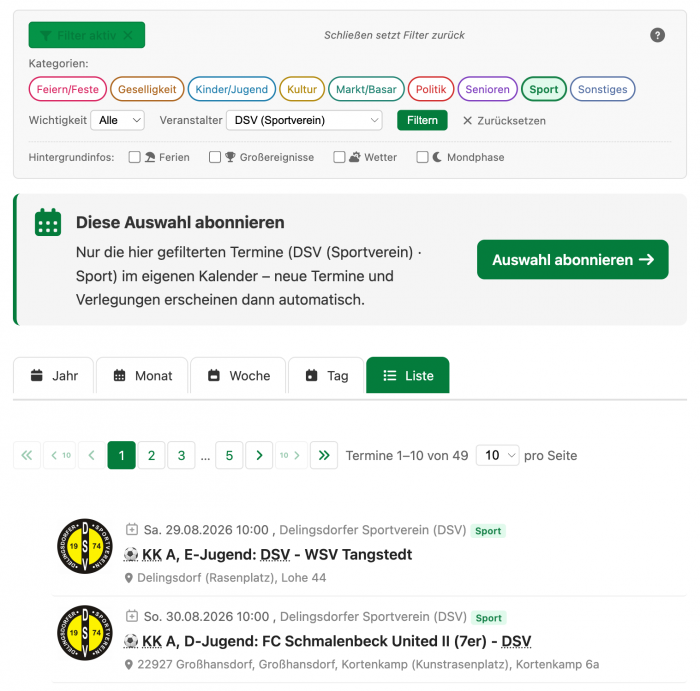 Terminseite mit gesetztem Filter auf den Delingsdorfer Sportverein